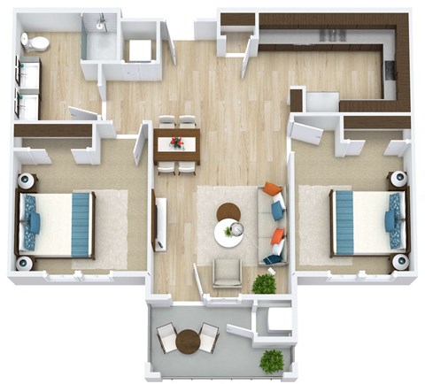 Floor plan for 2 beds, 1 bath, 952 sqft